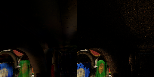 Held-out Sponza frame: in-Metal neural shading on the left, path-traced reference on the right