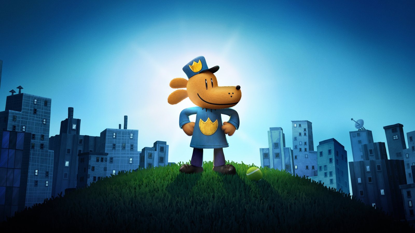 Dog Man - Dog Man on a grassy hill before a city skyline. Scene still © DreamWorks Animation / Universal Pictures