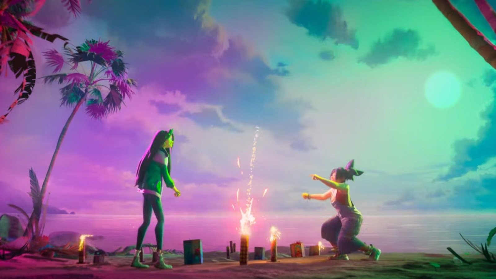 Forgotten Island - characters with sparklers on a beach at dusk. Scene still © DreamWorks Animation / Universal Pictures