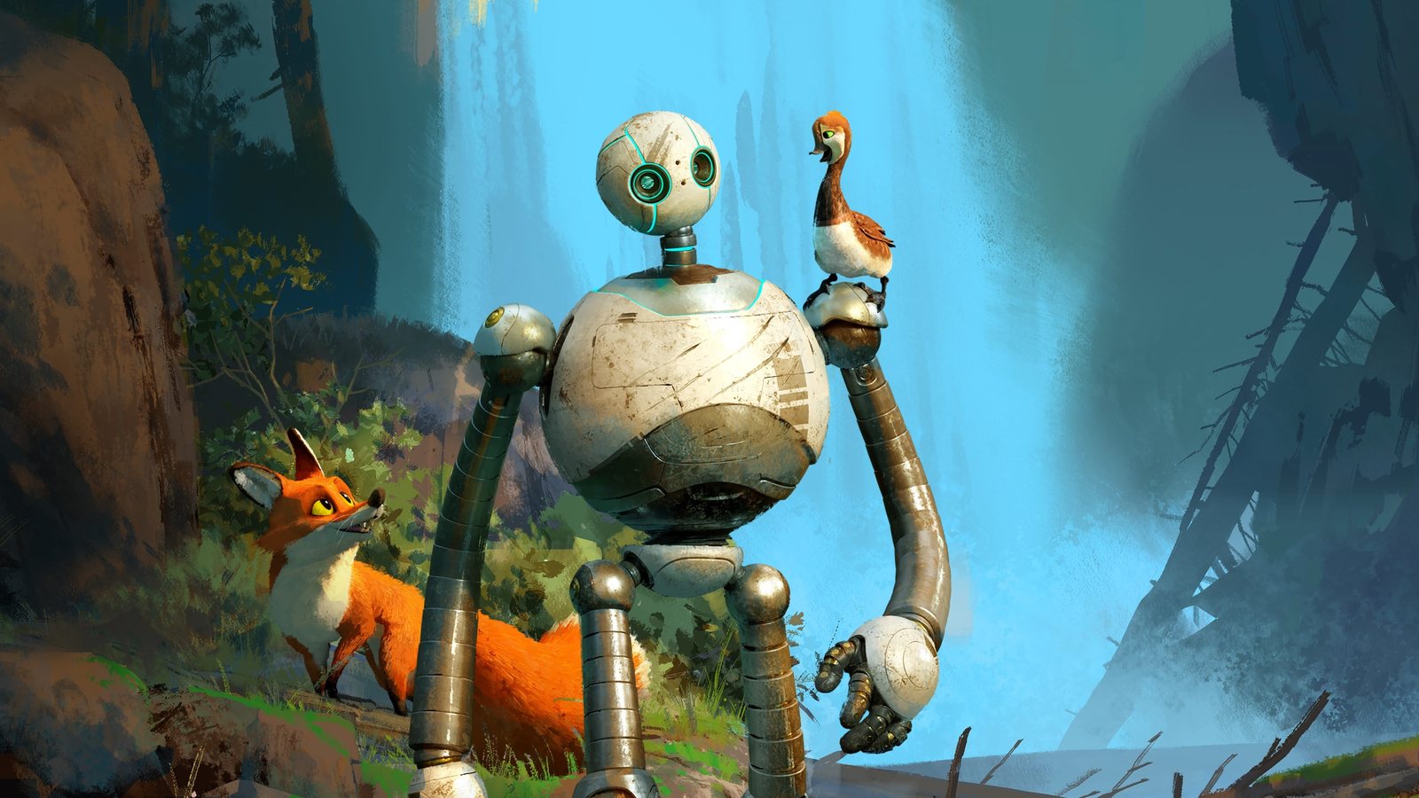 The Wild Robot - Roz the robot beside a fox in a misty forest. Scene still © DreamWorks Animation / Universal Pictures. Hover to play the painterly look-dev tool I helped build.