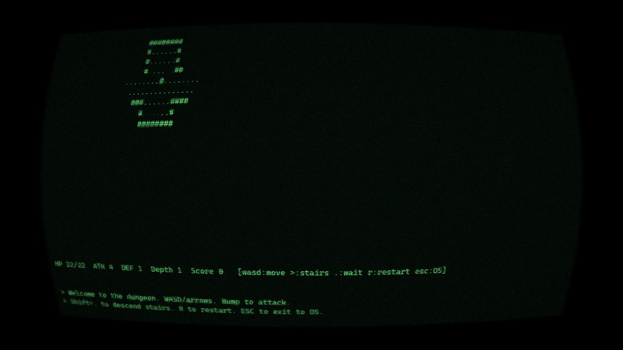 CRT shader applied over a roguelike scene