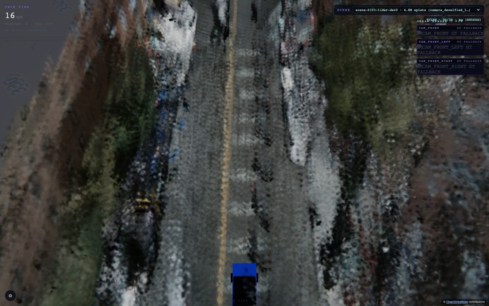Real-time 3D Gaussian-splat reconstruction of a city street in the Iris twin view