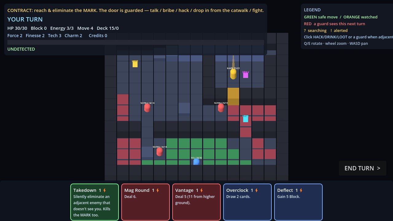 Isometric tactics grid with card hand